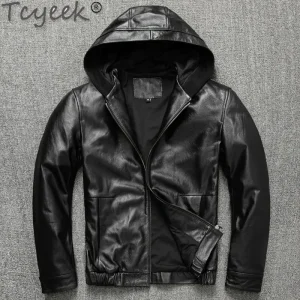 Tcyeek giacca da uomo in vera pelle primavera autunno abbigliamento vera pelle di vacchetta giacche uomo cappotti corti con cappuccio Veste Homme LM504 1