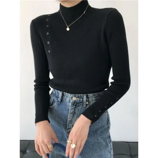 Maglione lavorato a maglia da donna dolcevita con bottoni a maniche lunghe pullover slim per maglioni femminili autunno inverno top morbidi e caldi 4
