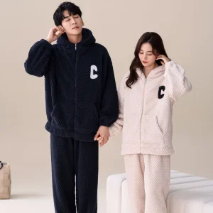Pigiama con cappuccio di alta qualità Velluto e cerniera spessa Abbigliamento casual Completo da casa Set Pigiama termico accogliente Entrambe le donne degli uomini Autunno Inverno 1