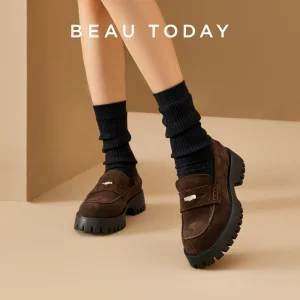 BeauToday Mocassini da donna vintage Scarpe con plateau in pelle scamosciata di mucca Punta rotonda in metallo Penny Slip on Scarpe basse da donna fatte a mano 26667 1