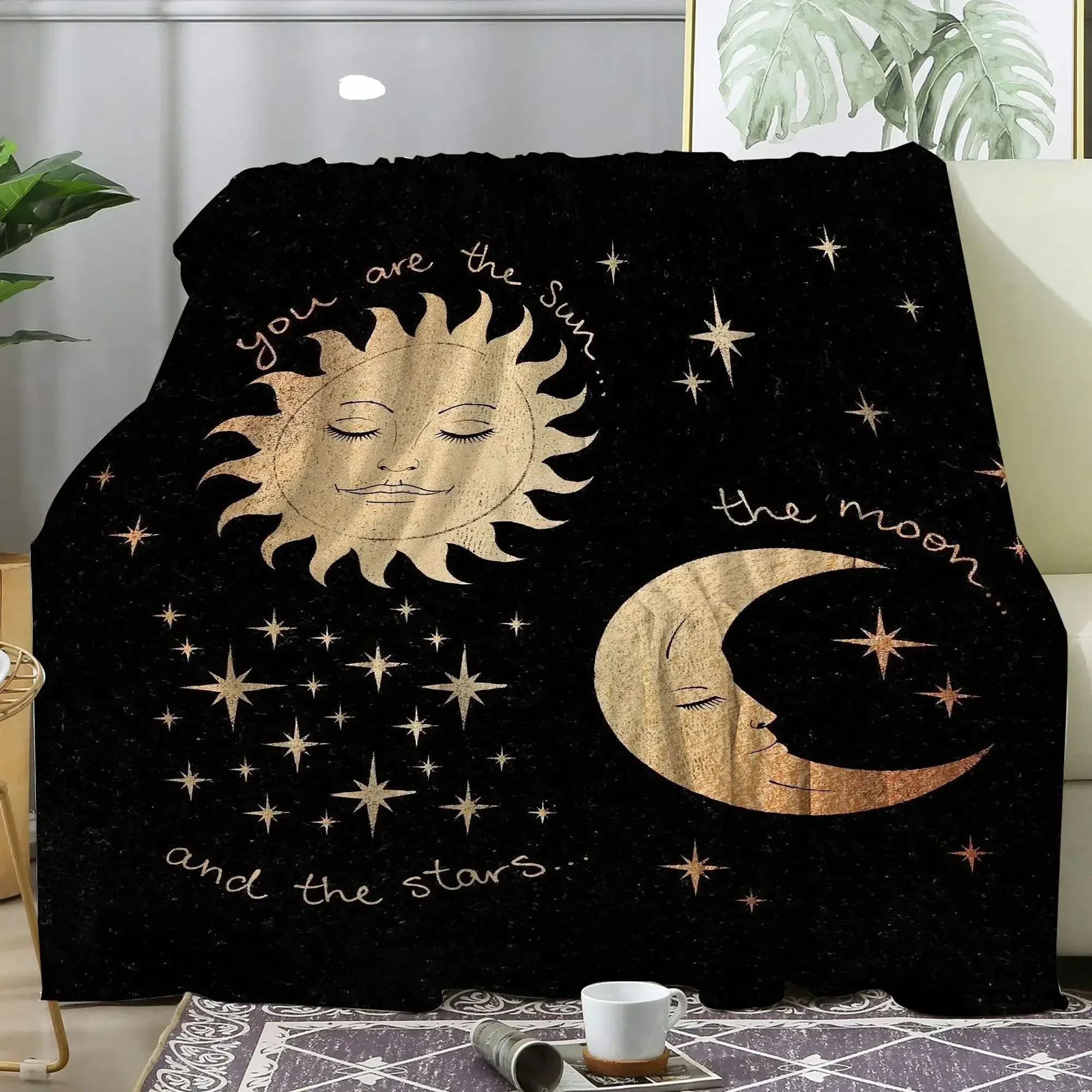 Coperta Boho Chic con stampa sole luna e stelle – Morbida coperta in microfibra per divano, letto – Decorazione domestica bohémien di lusso leggera 4