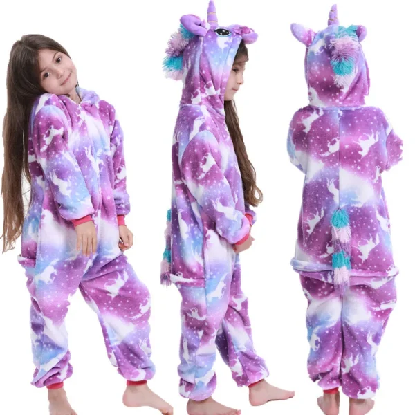 Unicorno Kigurumi per bambini Onesies Inverno Flanella Pigiama caldo Animale Leone Dinosauro Con cappuccio Indumenti da notte Tuta Costumi Cospaly 2