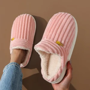 Pantofole in peluche a righe concise stile coppia invernale Infradito morbide e calde antiscivolo da donna Scarpe piatte casual in cotone per la casa da donna 1
