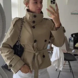 Trench da donna con cintura a maniche lunghe moda 2025 Autunno Colletto alla coreana Giacca doppiopetto Lady High Street Chic Capispalla 1