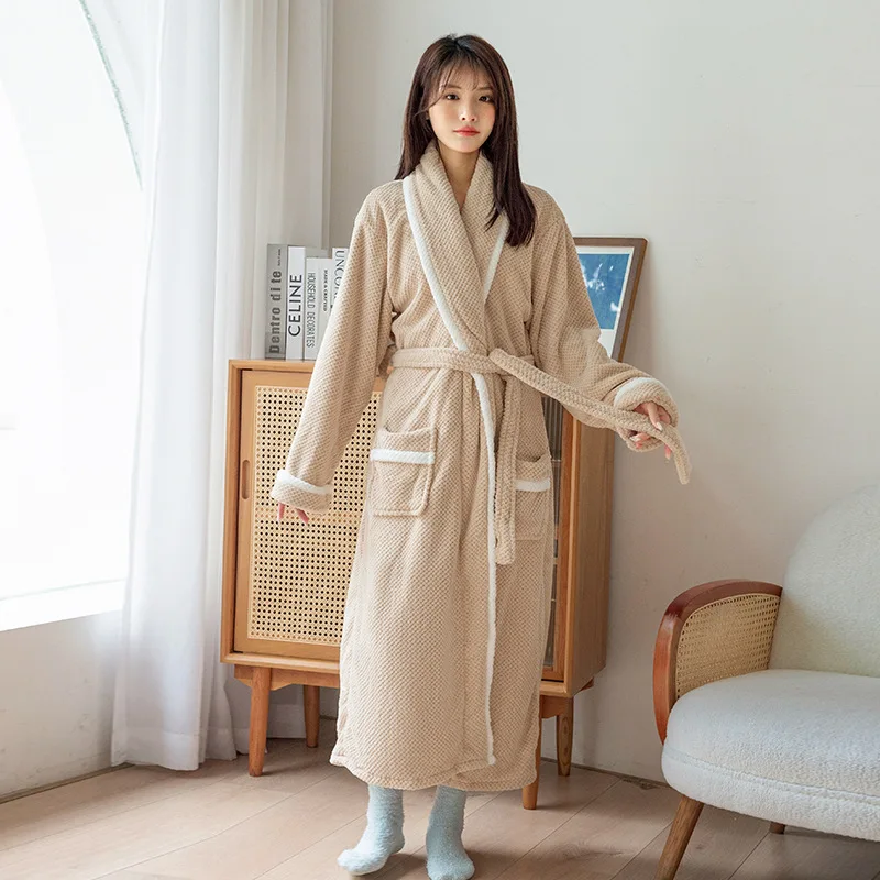 Caldo Autunno Inverno Corallo Pile Accappatoio Manica Lunga Esteso Accappatoio Homewear Accogliente Kimono Doccia Vestaglie Camicia Da Notte Allentata 4