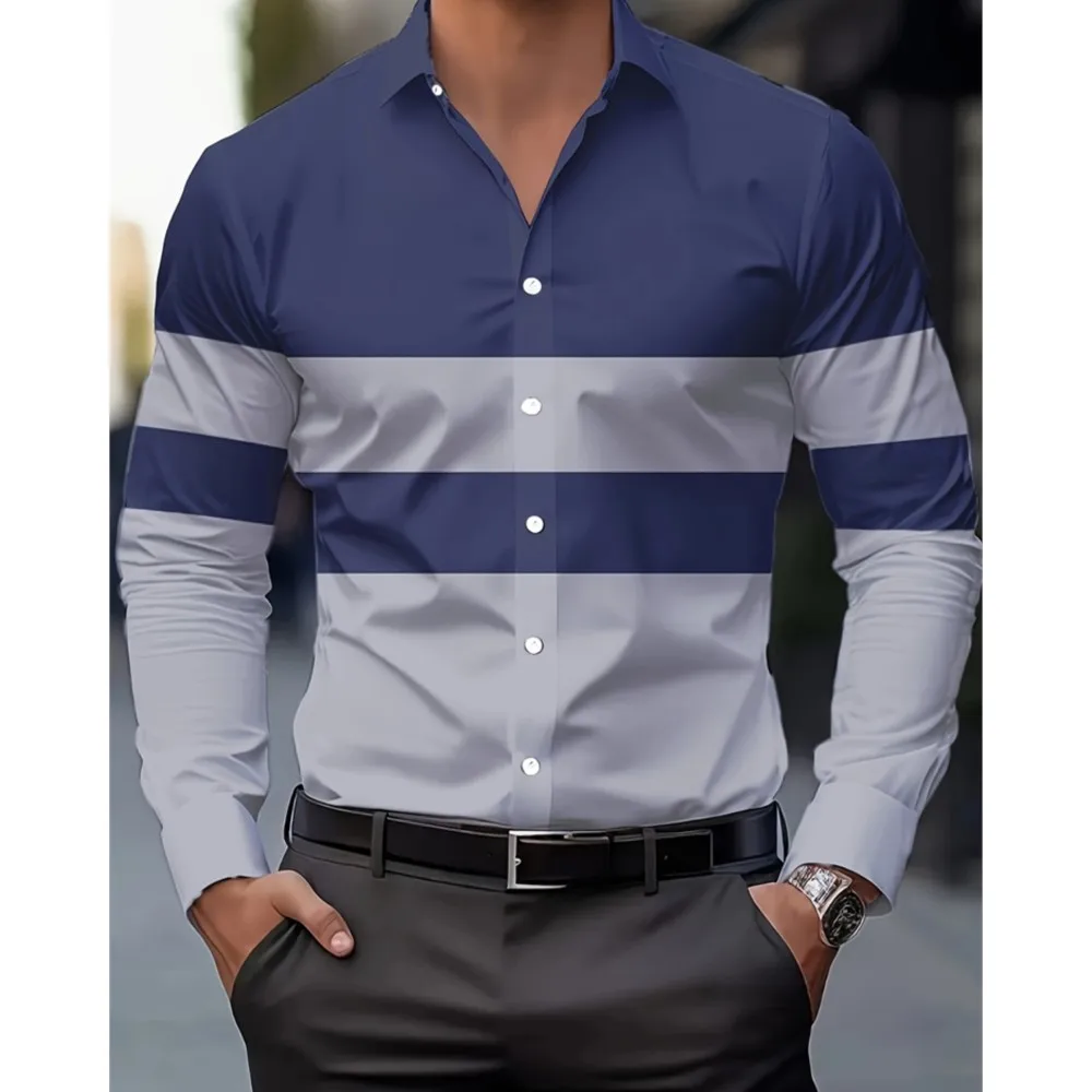 Camicie eleganti da uomo con design a bavero con giunture a colori nuove primaverili Camicie casual con bottoni a maniche lunghe Top da tiro da strada da uomo semplice 3