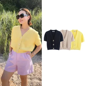 Maglione da donna Estate 2025 Nuovi top in maglia Moda Elastico Sottile scollo a V Elegante maglione confortevole Chic Street Youth Travel Tops 1