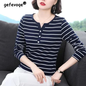 Office Lady Casual Fashion stampa a righe bottoni t-Shirt autunno 2022 manica lunga con scollo a v t-Shirt allentata top abbigliamento donna 1