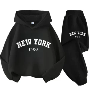 Tuta con cappuccio per bambini Autunno Inverno New York USA Lettera Felpa con grafica Pantalone Completo Baby Boy Girl Kid Sport Set da due pezzi 1