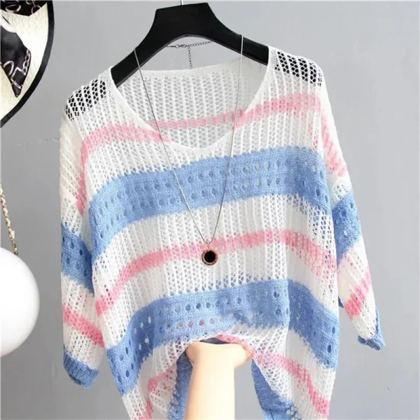 2024 Maglieria Pullover Primavera Estate Donna Maglione a righe sottili Hollow lavorato a maglia femminile Moda retrò Maglione Top Capispalla 2