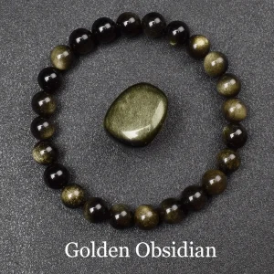 Bracciale con perline di pietra di ossidiana dorata naturale Uomo Donna Luce dorata Arcobaleno Ossidiana Pietra grezza Perline rotonde Gioielli di energia naturale 1