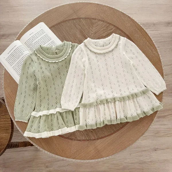 2025 Nuovo Autunno 0-4 Anni Abbigliamento per bambini Neonate Tinta unita Pullover lavorato a maglia Maglioni Bambini Manica lunga Scava Fuori Maglione 5