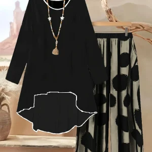 Completo da donna in due pezzi con motivo geometrico taglie forti con colletto da giardino, maniche lunghe, orlo asimmetrico, top e pantaloni, casual spri 1