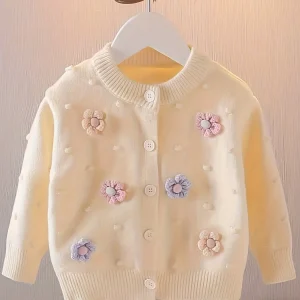 Maglione cardigan con fiori tridimensionali ricamati da ragazza Giacca lavorata a maglia morbida scozzese autunnale per bambina 1