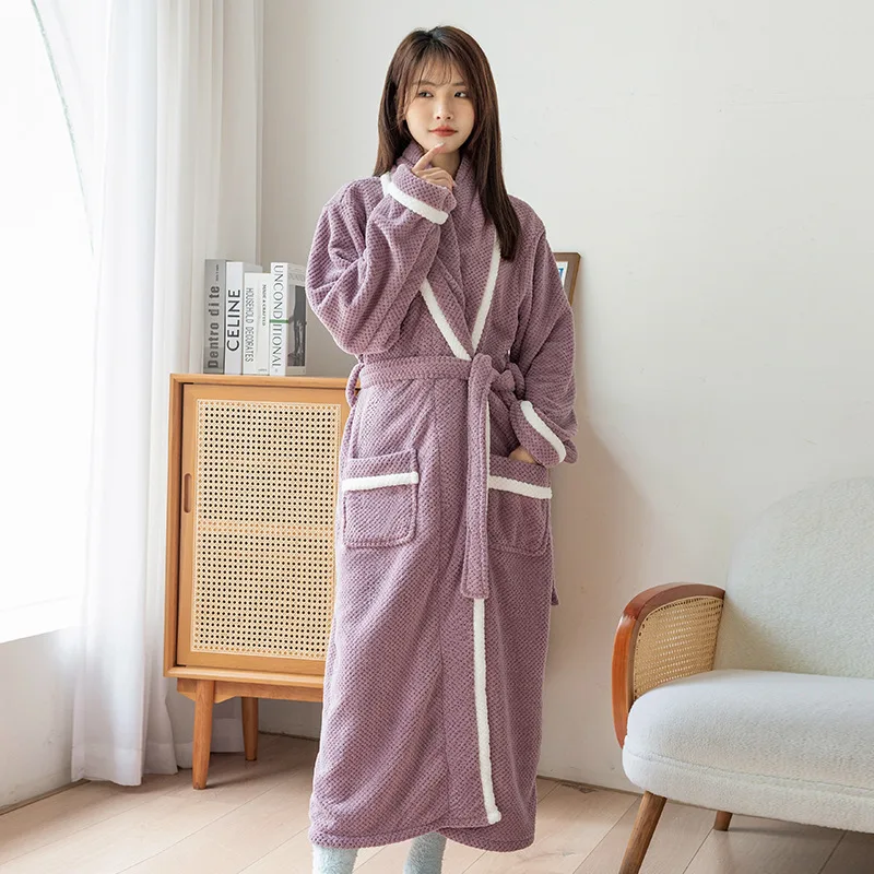 Caldo Autunno Inverno Corallo Pile Accappatoio Manica Lunga Esteso Accappatoio Homewear Accogliente Kimono Doccia Vestaglie Camicia Da Notte Allentata 3