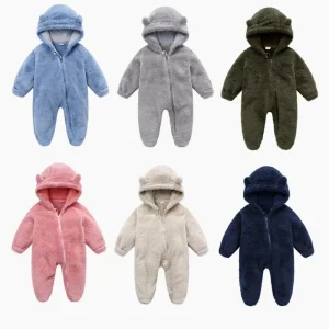 0-12M Tute calde in peluche per bambini Ragazzi Ragazze Manica lunga con cappuccio Cerniera Pagliaccetto Neonato Autunno Inverno Vestiti 1