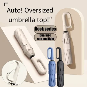 Ombrello con fibbia ad anello rotante completamente automatico, rinforzato, antivento, antipioggia, a doppio uso, resistente ai raggi UV, con doppia chiglia 1