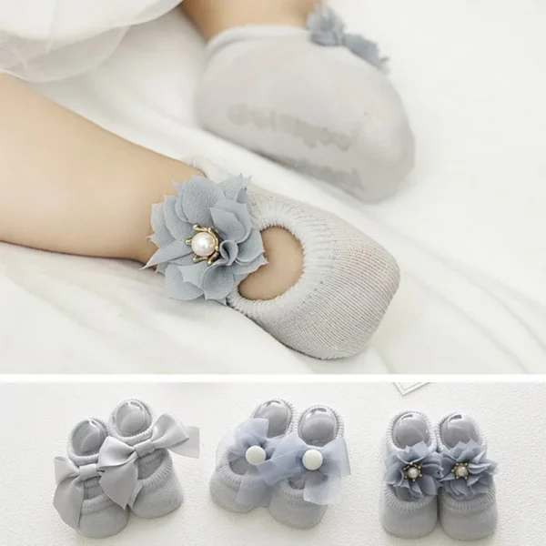 3 paia/lotto Fiore di pizzo Calzini per neonati in cotone antiscivolo Calzini da pavimento per bambini Arco Calzini per bambina Primavera Ragazze Regalo sokken 2