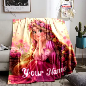 Personalizzazione del nome personalizzato Bella coperta stampata principessa Rapunzel per capelli lunghi per figlia di genitori, coperta per divano letto 1