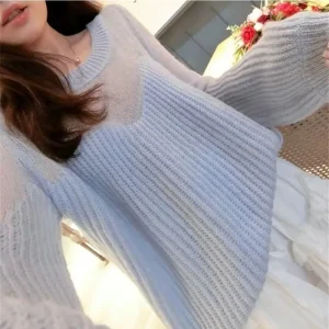 Dolce vestibilità ampia maniche a lanterna sottili tinta unita maglione pullover da donna moda coreano stile pigro o collo top lavorati a maglia da donna nuovo 1