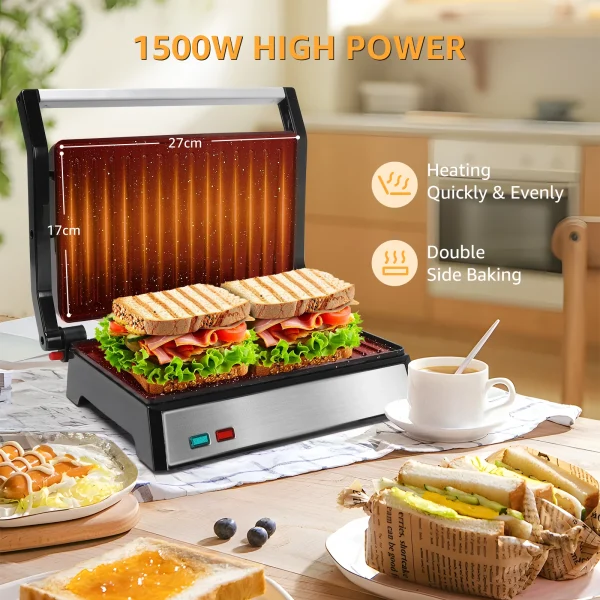 Aigostar Hett Pro Panini Maker/piastra per tostapane, rivestimento antiaderente in pietra ecologica, vassoio per grasso, pressa per Sandwich, padella elettrica, 1500 3