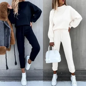 2025 Maglione da donna autunno e inverno collo alto pantaloni casual in puro colore set da due pezzi 1