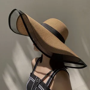 Cappello da sole da donna Big Eaves Waves Berretto da spiaggia Cappello da donna Visiera parasole a tesa larga Taglio UV Secchio Panama Cap Pieghevole Protezione solare in paglia Vintage 1