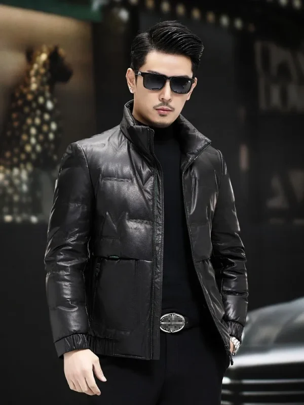 Giacca in vera pelle da uomo invernale colletto alla coreana piumino d'anatra bianco lavoro d'affari soprabito caldo spesso giacca in pelle di vacchetta slim fit 2