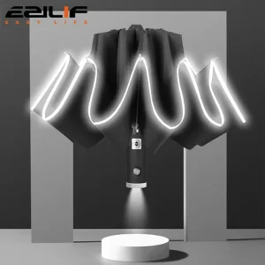 Ombrello di protezione solare completamente automatico Ombrello impermeabile pieghevole con torcia a LED Parasole UV Resistenza al vento antipioggia 1