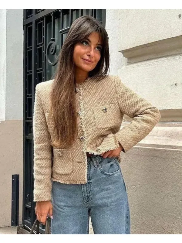 Cappotto da giacca basic in tweed femminile chic Abbigliamento da donna Capispalla in lana Manica lunga Bottone frontale Capispalla femminile Top chic 2