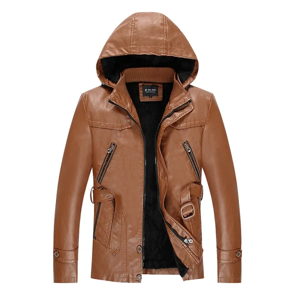 Giacche in pelle Capispalla Abbigliamento di marca Giacche in pelle da uomo Inverno Nuovo stile moda uomo spesso Cappotti in PU da moto con cappuccio Uomo 4