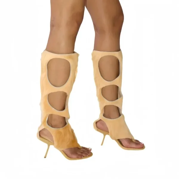2025 Nuovi stivali al ginocchio da donna di lusso |   Tacco a spillo ritagliato in vero crine di cavallo e cerniera posteriore |   Scarpe eleganti da club per feste serali 2