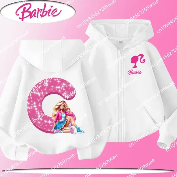 Felpa con cappuccio con cerniera per bambola Barbie per bambini con stampe di cartoni animati dell'alfabeto AZ per la primavera e l'autunno, top casual carino per ragazze 2