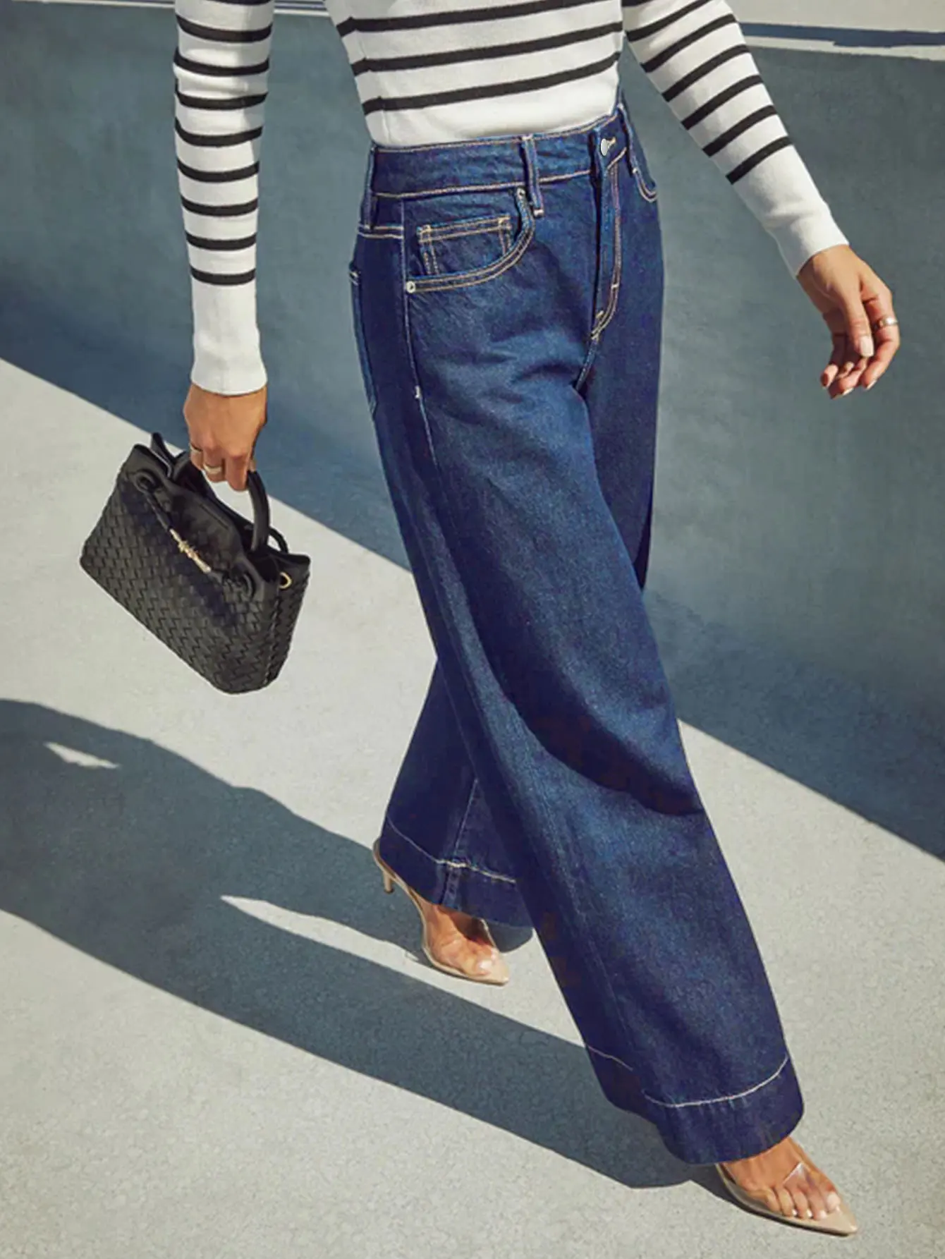 Jeans classici da donna blu a gamba larga a vita alta - Jeans elasticizzati con bottoni, morbidi e comodi, jeans lavati vintage slim fit 4