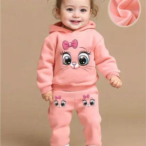 Felpa con cappuccio in pile a maniche lunghe con motivo gatto simpatico cartone animato per bambina + set di pantaloni semplici casual, due pezzi primaverili e autunnali 1