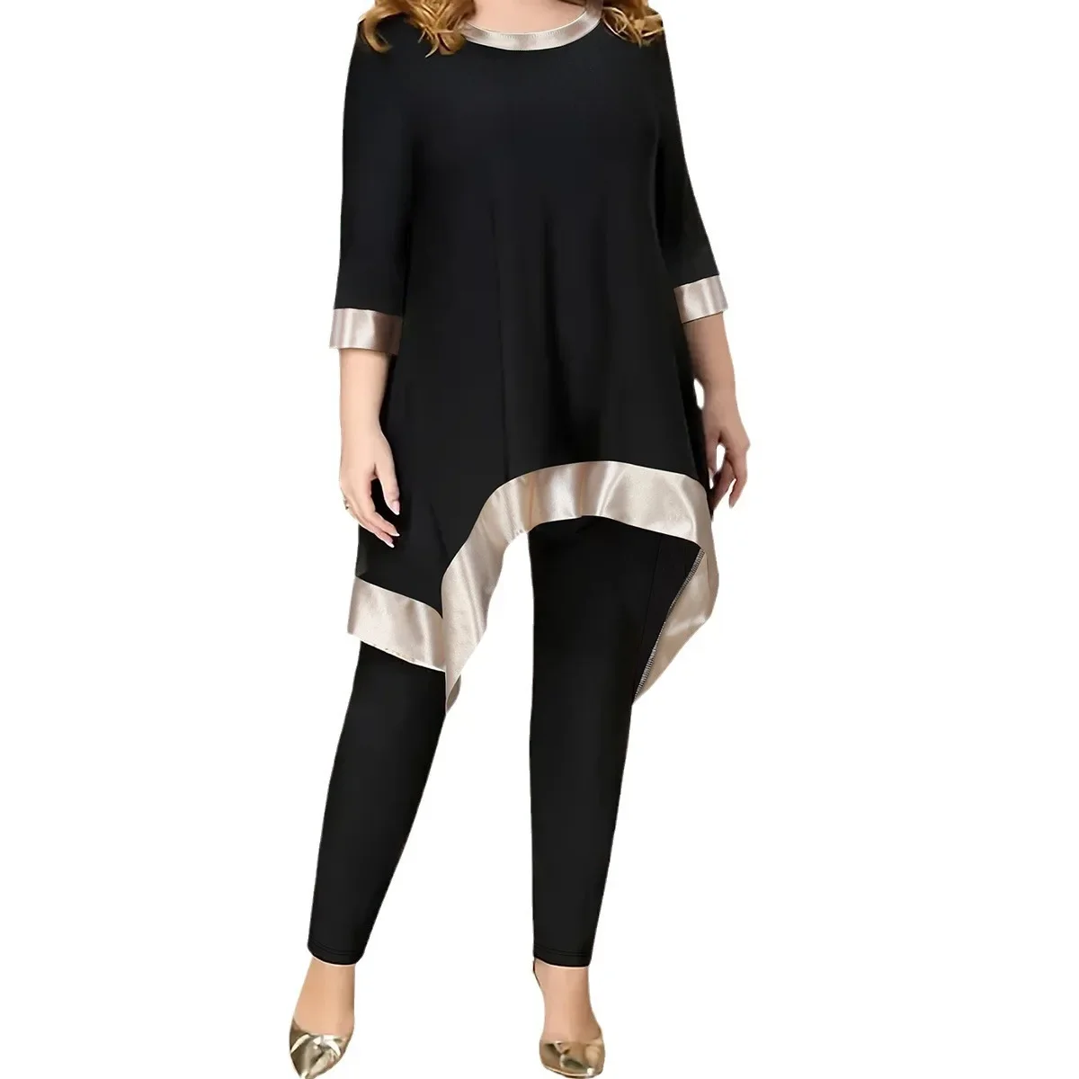 Pantaloni casual larghi taglie forti Set taglie forti Manica asimmetrica Orlo di media lunghezza con giunture Codice grande Primavera Autunno Moda donna 4