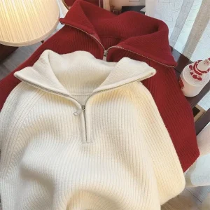 Maglia ispessita 2025 Nuova cerniera ampia vestibilità snellente maglione con risvolto Top per donna Autunno/Inverno Design che riduce l'età 1