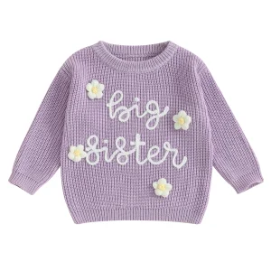 Maglione casual per bambina, sorella maggiore, lettera, ricamo floreale, maglieria a maniche lunghe, girocollo, pullover autunno inverno 1