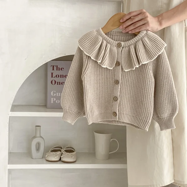 INS Primavera e Autunno Neonati 0-3 Anni Bambina Moda Colletto con Volant Cappotto Lavorato a Maglia Piccolo Cardigan Maglione Top 5