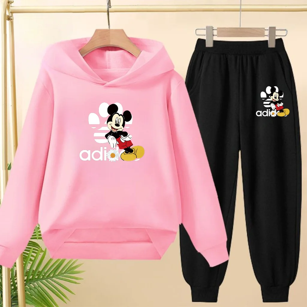 Felpa con cappuccio nera per bambini Anime Topolino Stampa Pullover 3-12 anni Cappotto Felpa + Pantaloni Ragazzi Ragazze Abbigliamento sportivo per bambini Set per il tempo libero 3
