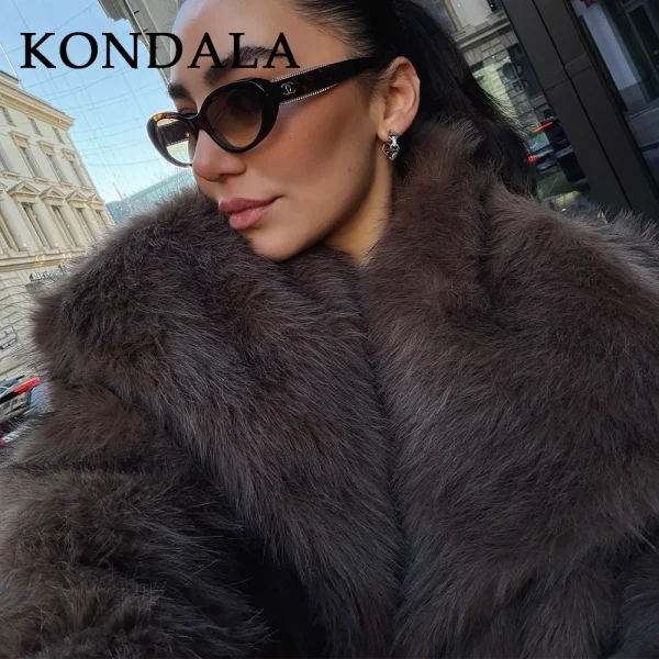 KONDALA 2025 Autunno Inverno Casual Pelliccia Sintetica Marrone Donna Giacche Calde Streetwear Colletto rovesciato Cappotti eleganti oversize natalizi 3