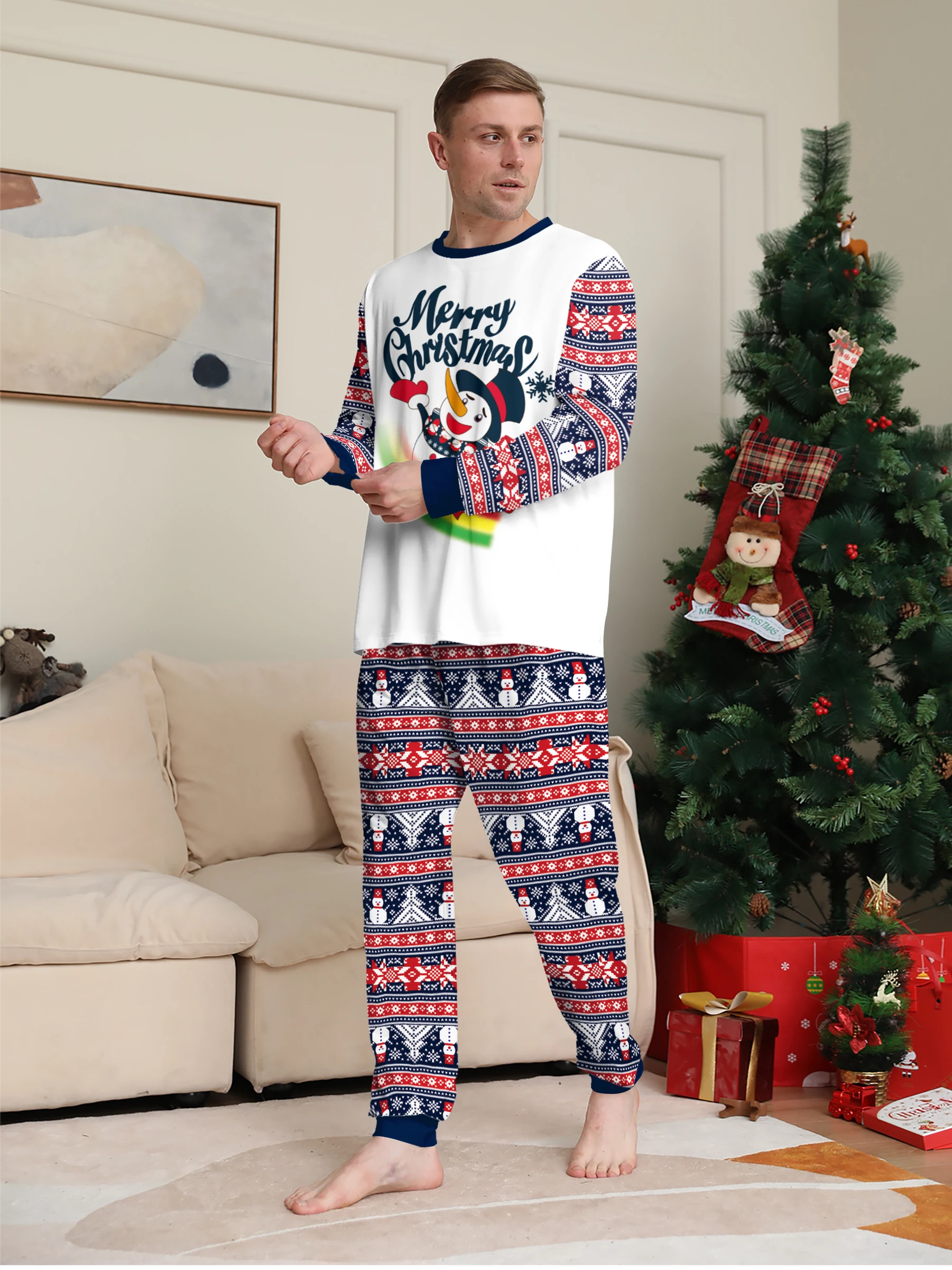 Pigiama natalizio da uomo, stampa pupazzo di neve e Fair Isle, pigiama "Merry Christmas". 4