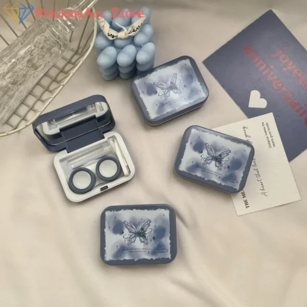 Custodia per lenti a contatto con farfalla blu vintage portatile carina con scatola contenitore per lenti a contatto a specchio per regalo da viaggio all'aperto 2