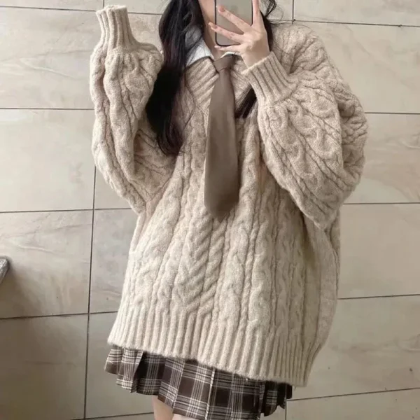 Maglione da donna autunno inverno Harajuku pullover lavorato a maglia oversize coreano manica lunga scollo a V maglieria maglione allentato solido preppy 2