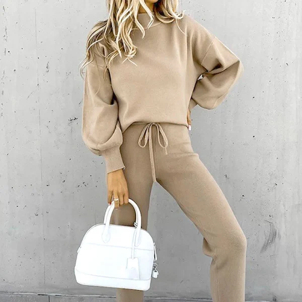 2025 Maglione da donna autunno e inverno collo alto pantaloni casual in puro colore set da due pezzi 6