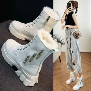 Stivali da neve da donna Beige peluche pelliccia calda stivali causali scarpe Sneakers stivaletti alla caviglia piattaforma suola spessa scarpe invernali stringate2021 1