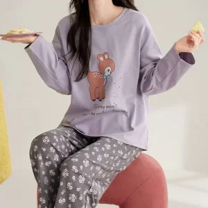 Primavera Autunno Abbigliamento donna Cotone maniche lunghe Indumenti da notte Casual Donna Pigiama completo Set Pullover Pigiama 2 pezzi Homewear 1
