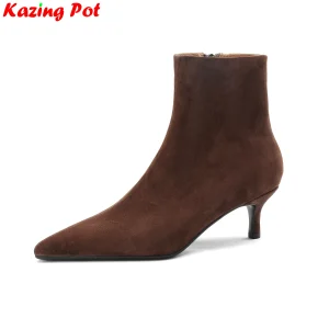Krazing Pot Big Size pelle scamosciata di mucca scarpe a punta tacchi alti stivali moderni scarpe calde invernali incontri festa di nozze stivaletti da donna Sexy 1