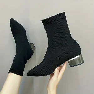 Stivaletti lavorati a maglia da donna Punta a punta Elastici con tacco grosso medio Calzino corto alla moda Botas 1