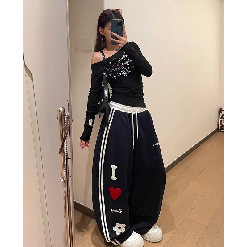 Pantaloni sportivi da donna con ricamo grigio con stella larga Pantaloni sportivi con fascia elastica Harajuku Pantaloni vintage Y2k stile giapponese anni 2000 6